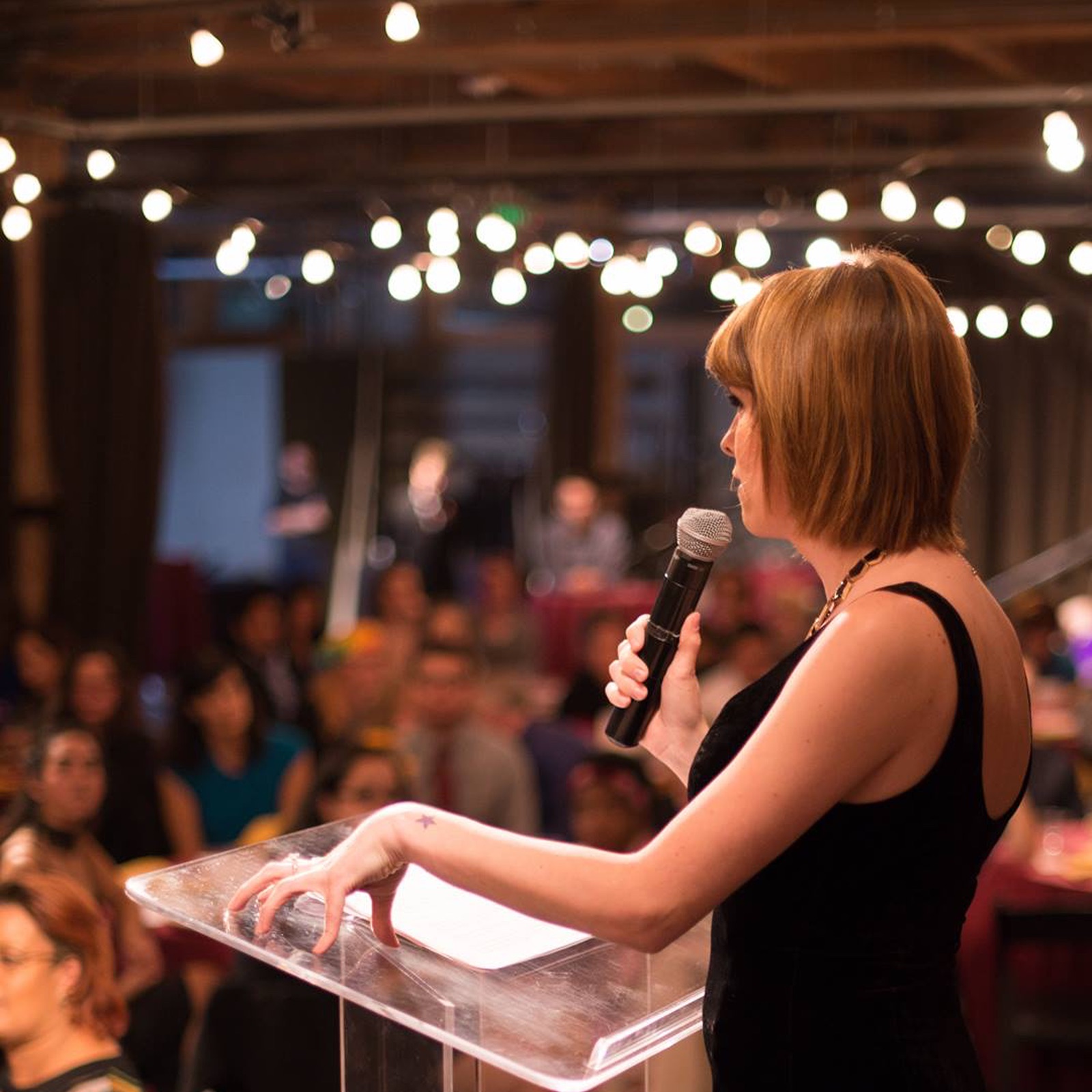 Danni speaking at Gender Justice Awards Dinner, 2017